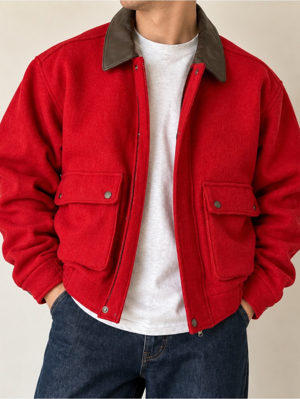Vintage Australian Outback Red Wool Leather Collar Bomber Jacket M